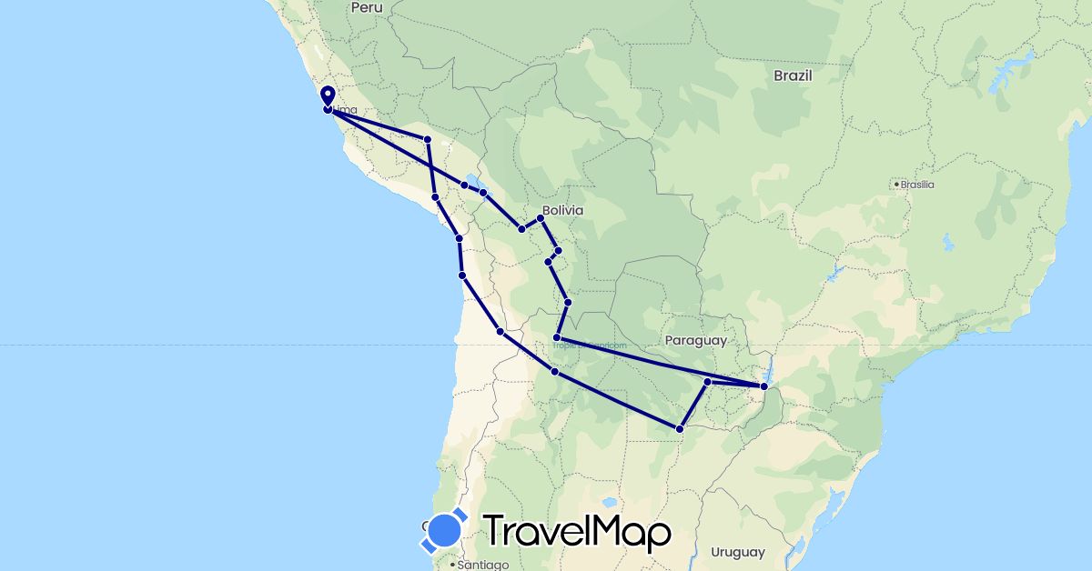 TravelMap itinerary: driving in Argentina, Bolivia, Chile, Peru, Paraguay (South America)